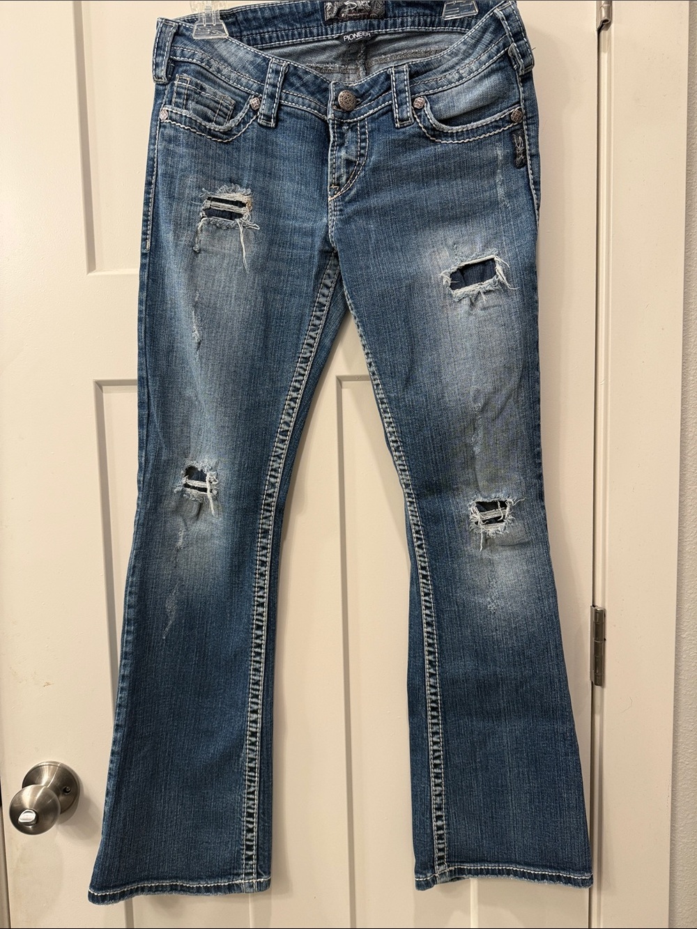 Silver Jeans Women's Distressed Blue Flare Jeans
